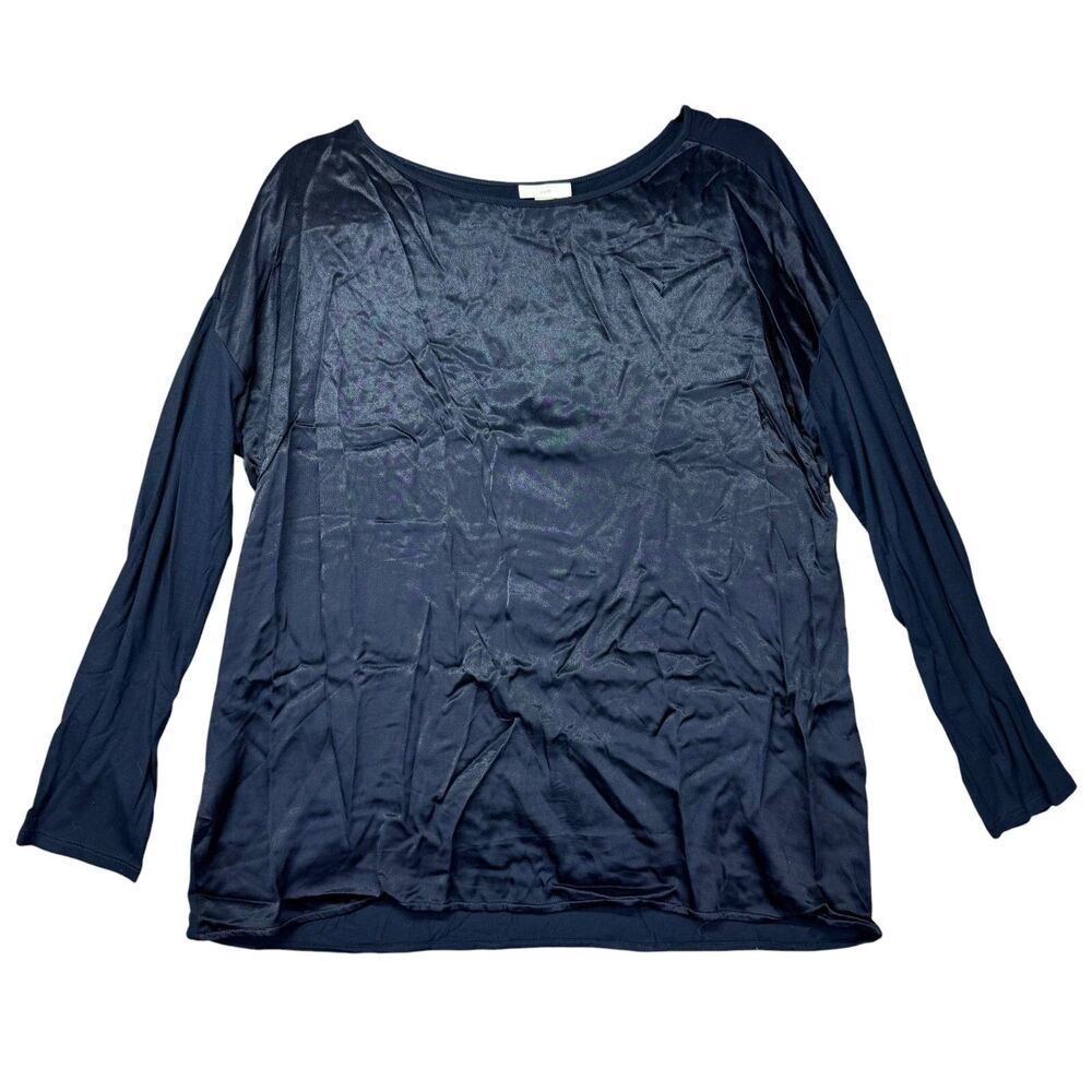 J Jill Top Women's Medium Petite Blue Long Sleeve Satin Boatneck Striped Blouse